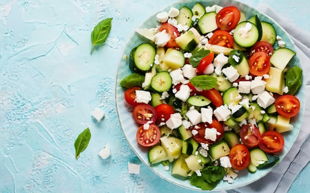 Salad of fresh vegetables - tomato, cucumber and feta cheese in Greek styleの素材