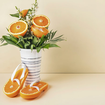 Arranglement with flip flops and orange slicesの素材