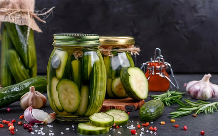 Pickled cucumbers with dill and garlic in a glass jarの素材