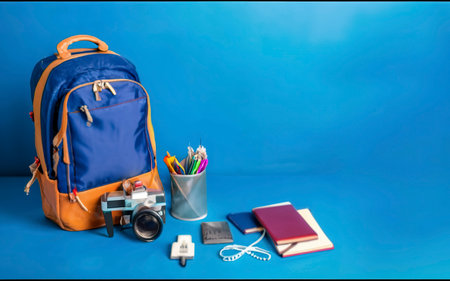 Put on the Luggage. concept accessory for travelers Vacation with a map, passport on Blue color backgroundの素材