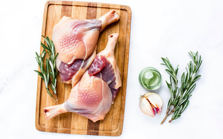 Raw Duck legs on a wooden tray. Isolated on white backgroundの素材
