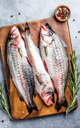 Raw Gilthead Sea bream fish fillets on a butcher cutting board. Gray backgroundの素材