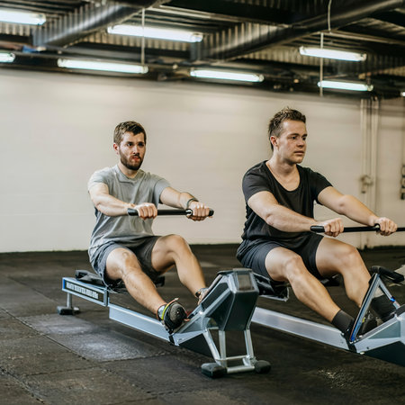 Pair of individuals on rowing machines synchronizing strokes in well-ventilated areaの素材