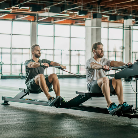 Pair of individuals on rowing machines synchronizing strokes in well-ventilated areaの素材