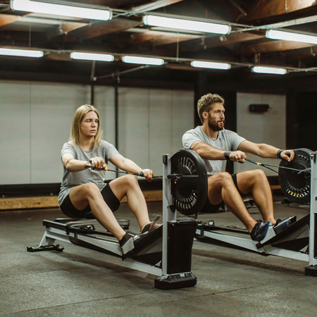 Pair of individuals on rowing machines synchronizing strokes in well-ventilated areaの素材