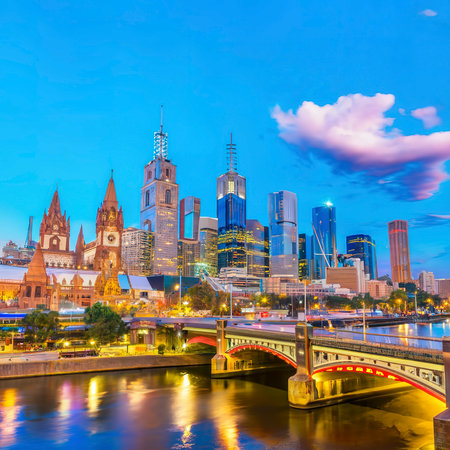 Panorama view of Melbourne city skyline at twilight in Australiaの素材