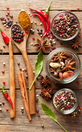 Spices on a wooden backgroundの素材