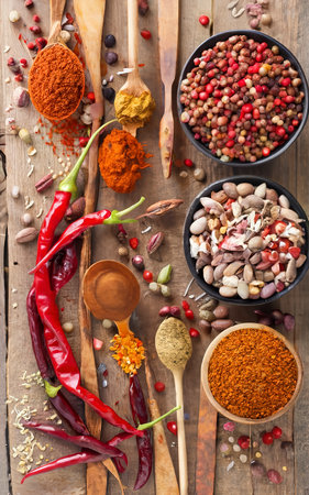 Spices on a wooden backgroundの素材