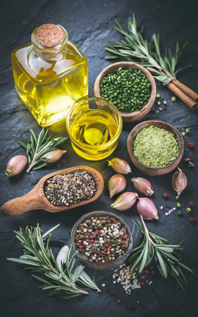 Spices, herbs and olive oil on black stone backgroundの素材