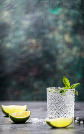 Tequila in a glass served with mint, limes and salt over dark texture backgroundの素材