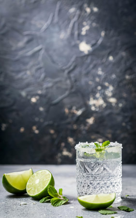 Tequila in a glass served with mint, limes and salt over dark texture backgroundの素材