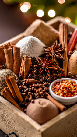 Christmas baking ingredients in a wooden box. spices, seasonings, spicyの素材