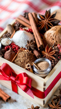 Christmas baking ingredients in a wooden box. spices, seasonings, spicyの素材