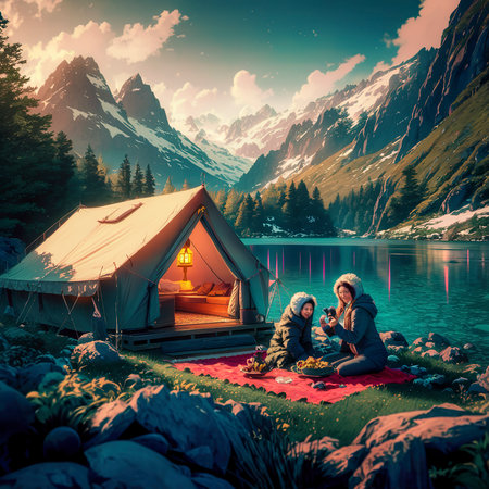 Camping in Snowdonia National Park in Gwynedd, Walesの素材