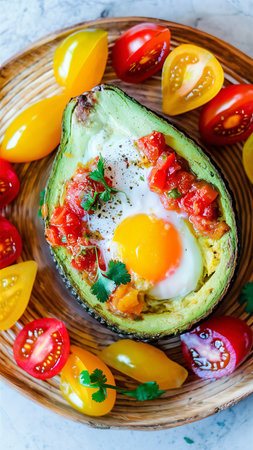 Egg baked in an avocado and served with tomato salsa, olive oil and fresh organic cilantroの素材