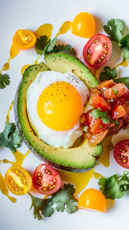 Egg baked in an avocado and served with tomato salsa, olive oil and fresh organic cilantroの素材