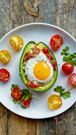 Egg baked in an avocado and served with tomato salsa, olive oil and fresh organic cilantroの素材