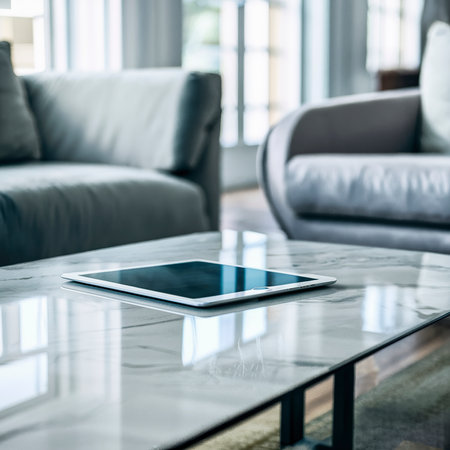 Digital tablet on a white marble table in a living roomの素材