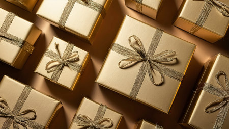 flat lay golden gift boxesの素材