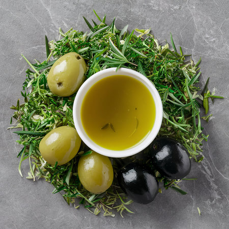 Extra virgin olive oil served with herbs, green and black olives over a grey background.の素材
