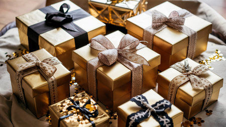 flat lay golden gift boxesの素材