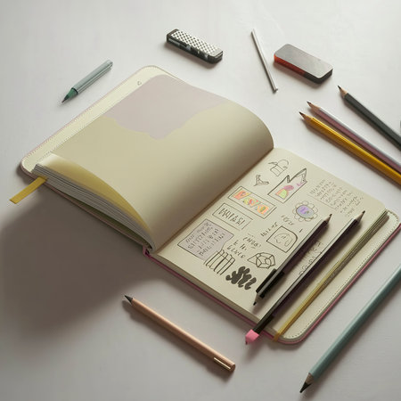 flat lay template open notebookの素材