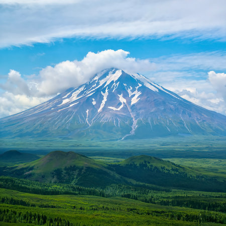 Summer view of volcano on Kamchatka, under blue sky with clouds.の素材