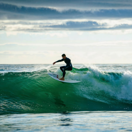 Surfer riding a long wave light play on water surface adding dramaの素材