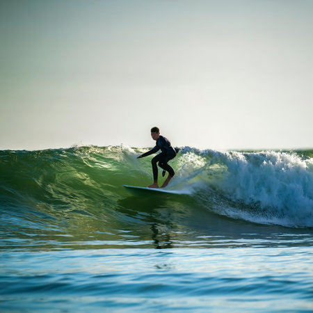 Surfer riding a long wave light play on water surface adding dramaの素材