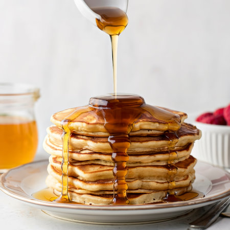 Syrup or honey is pouring to pancake stacks. Includes copy space.の素材
