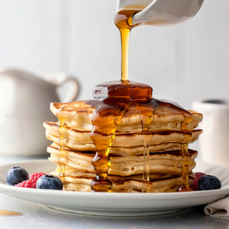 Syrup or honey is pouring to pancake stacks. Includes copy space.の素材