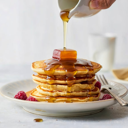 Syrup or honey is pouring to pancake stacks. Includes copy space.の素材