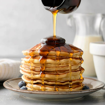 Syrup or honey is pouring to pancake stacks. Includes copy space.の素材