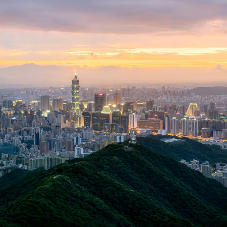 Taipei, Taiwan city skyline at sunset from view of Taipei City, make a hike to the top of Elephant Mountainの素材