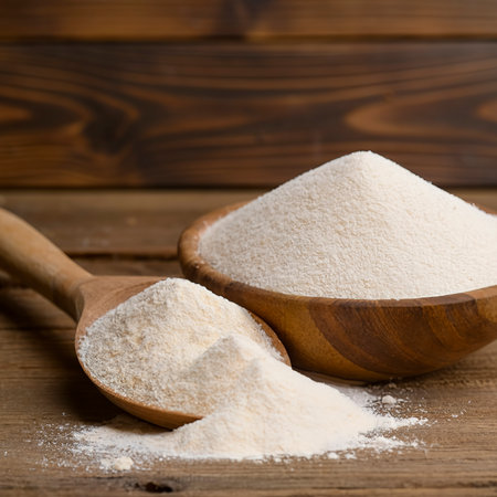 The flour pile and wheat grains in wooden spoon and bowl on woodenの素材