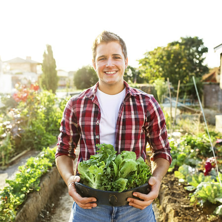 The young man and his salad garden And his happy smileの素材