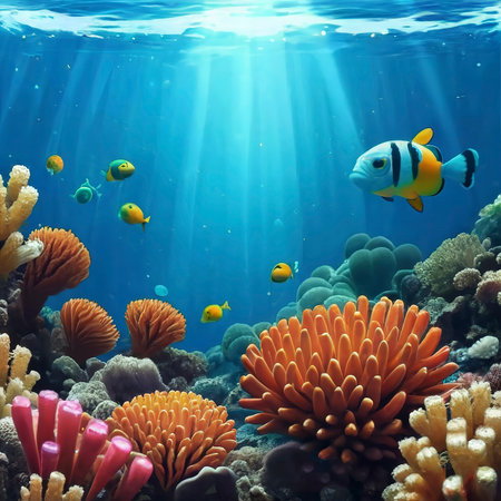 Underwater scene. Ocean coral reef underwater. Sea world under water backgroundの素材