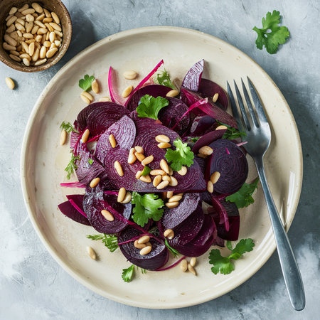 Beetroot and cheese salad with pine nuts dressed with butter. Asian styleの素材