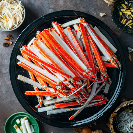 fresh and cold crab sticks. View from above. Chinese cuisine, ingredient for hotpotの素材