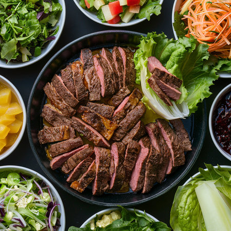 ingredients for bulgogi with salads, beef and lettuceの素材