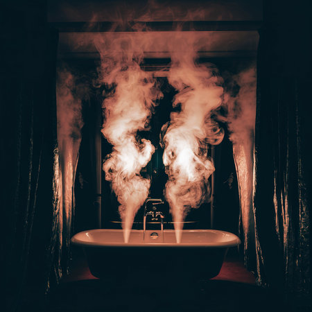 Hot streaming steam in the dark room filtered background.の素材