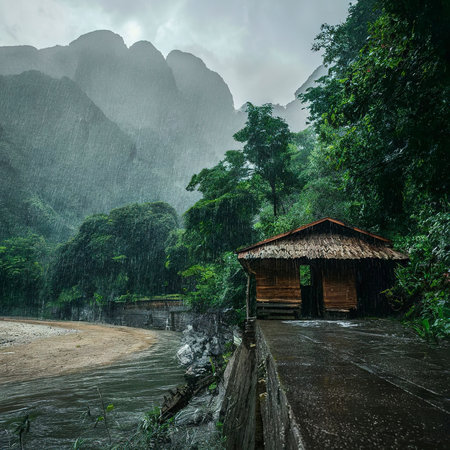 Mountain and river front of the hut while it was raining in Ratchaprapha Damの素材