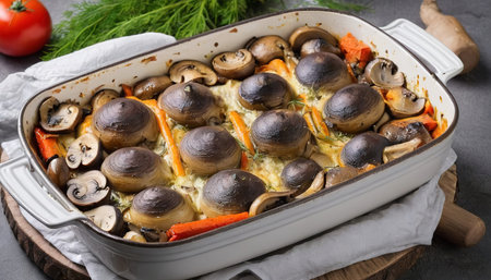 Fish baked with vegetables and mushroomsの素材