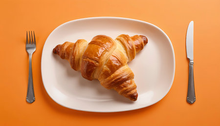 Food box.Freshly baked french croissant on a plate. Orange backgroundの素材