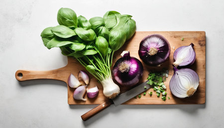 Fresh coriander and basil served on wooden board with charlotte onions, metal cleaver and garlicの素材