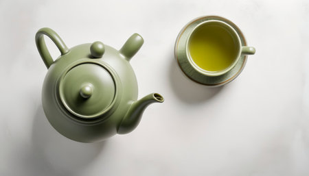 Green tea with ceramic teapot over a white texture backgroundの素材