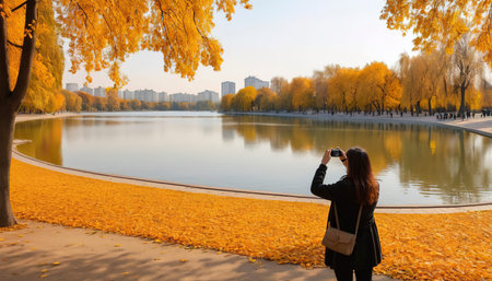 A woman taking photos of a lake, surrounded by trees with orange and yellow leaves in herastrau parkの素材