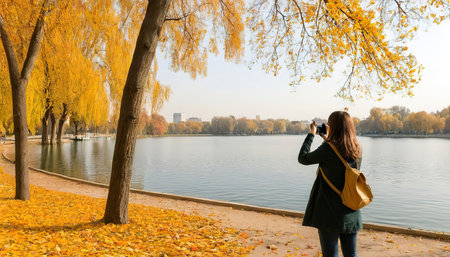 A woman taking photos of a lake, surrounded by trees with orange and yellow leaves in herastrau parkの素材