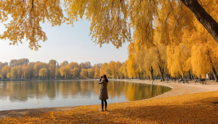 A woman taking photos of a lake, surrounded by trees with orange and yellow leaves in herastrau parkの素材