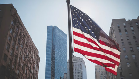 American flag in cityscapeの素材